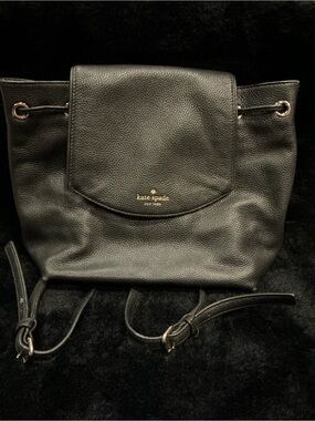 kate spade Black Pebbled Leather Drawstring Backpack with Flap